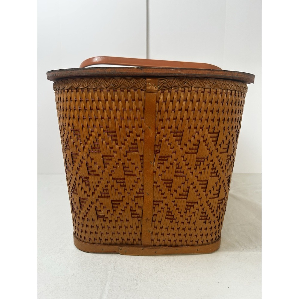 Vintage Redmon Woven Picnic Basket 22" Wood Lid & Handles Diamond Pattern - Picture 5 of 16